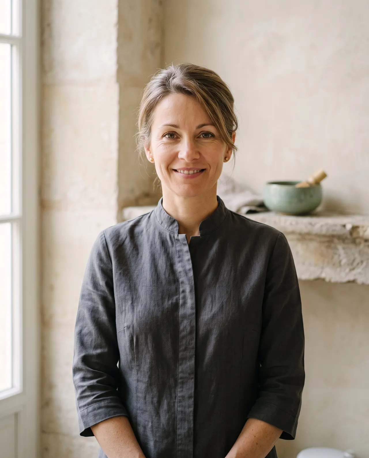 Clémence Lagache, fondatrice de l'Institut Héliane, en tunique gris basalte devant un mur de pierre claire