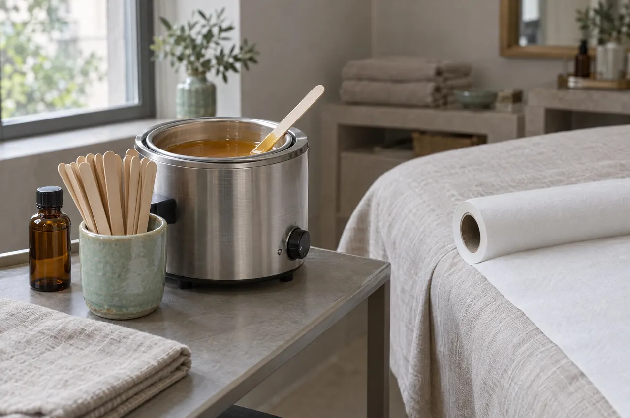 Chauffe-cire en inox, spatules en bois à usage unique dans un pot en céramique, rouleau de papier sur le lit de soin
