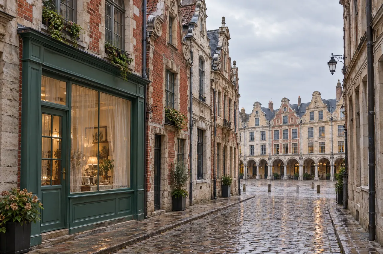 Devanture vert céladon de l'institut dans une rue pavée d'Arras, maisons de brique et de pierre à pignons, arcades de la place au fond
