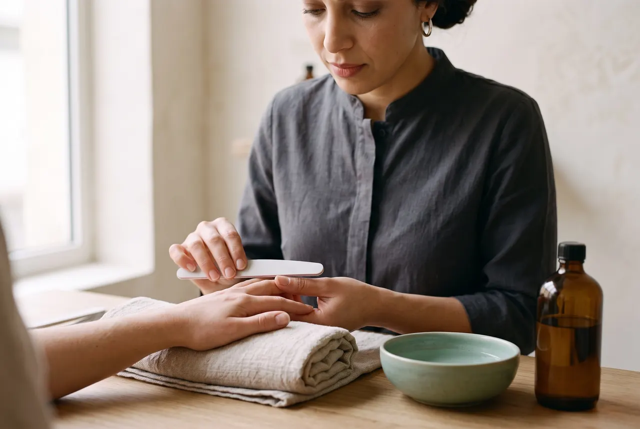 Yasmine lime les ongles naturels d'une cliente dont la main repose sur une serviette de lin