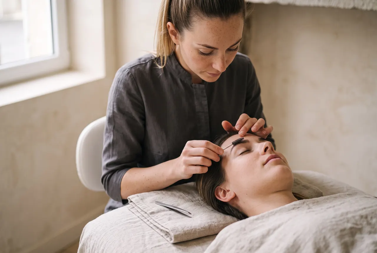 Salomé brosse le sourcil d'une cliente allongée, les yeux fermés, pince posée sur une serviette de lin