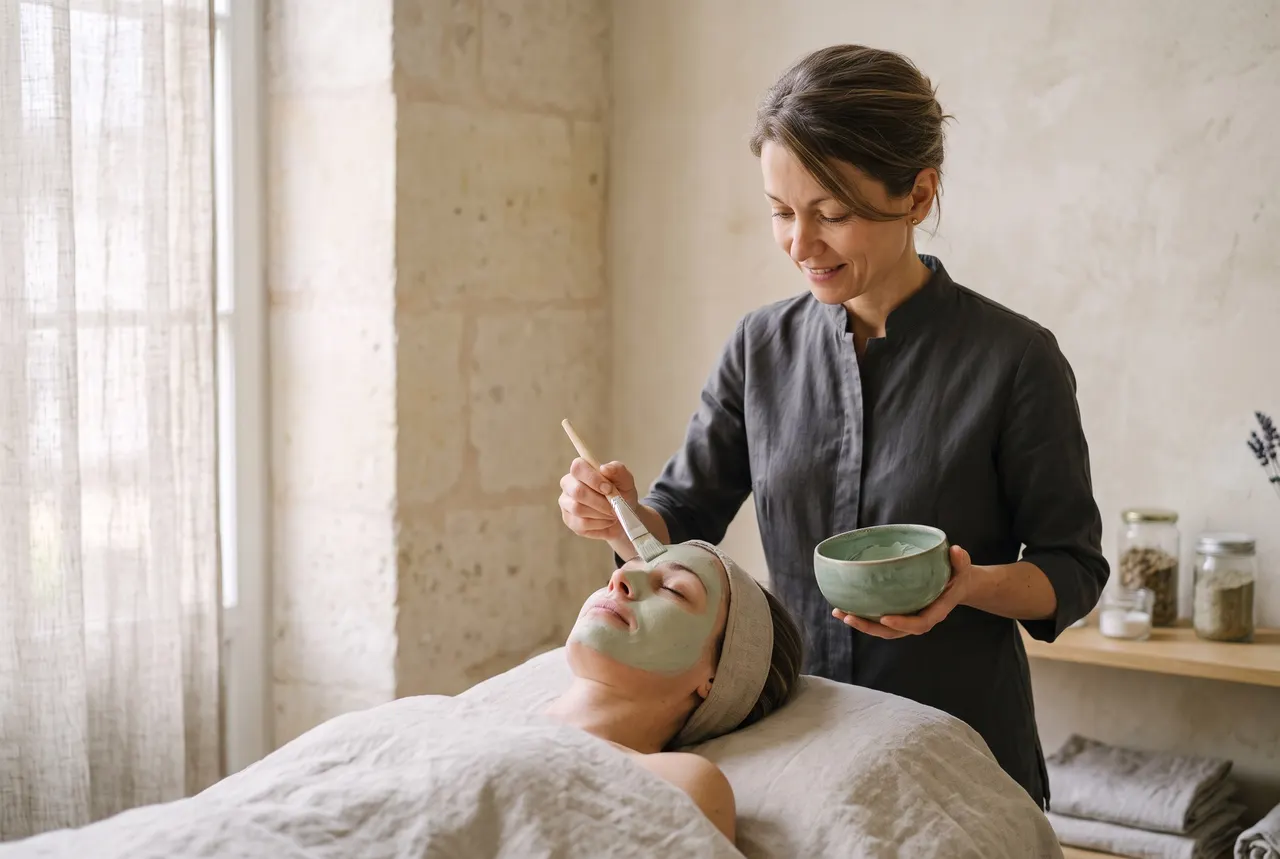 Clémence pose un masque à l'argile verte au pinceau sur le visage d'une cliente allongée, bol en grès céladon à la main