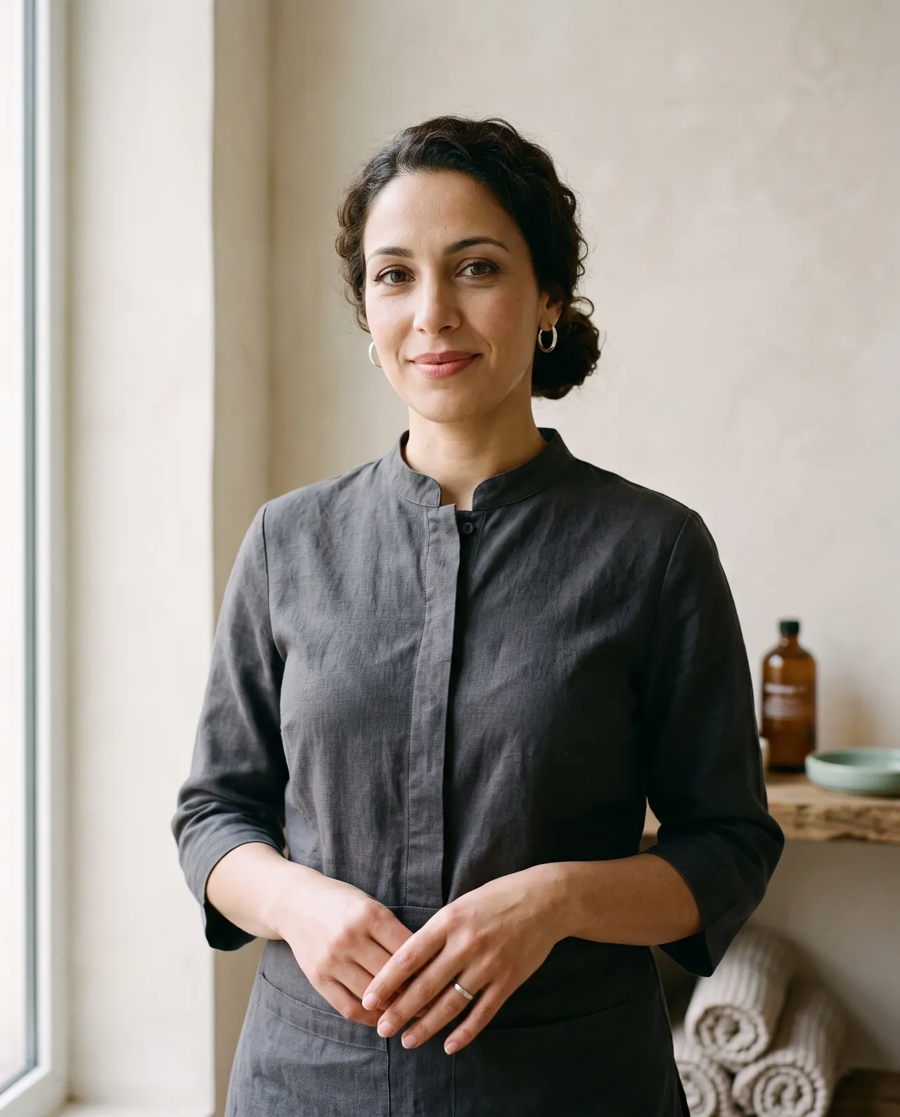Yasmine Belkacem, esthéticienne, cheveux bruns bouclés attachés, en tunique gris basalte